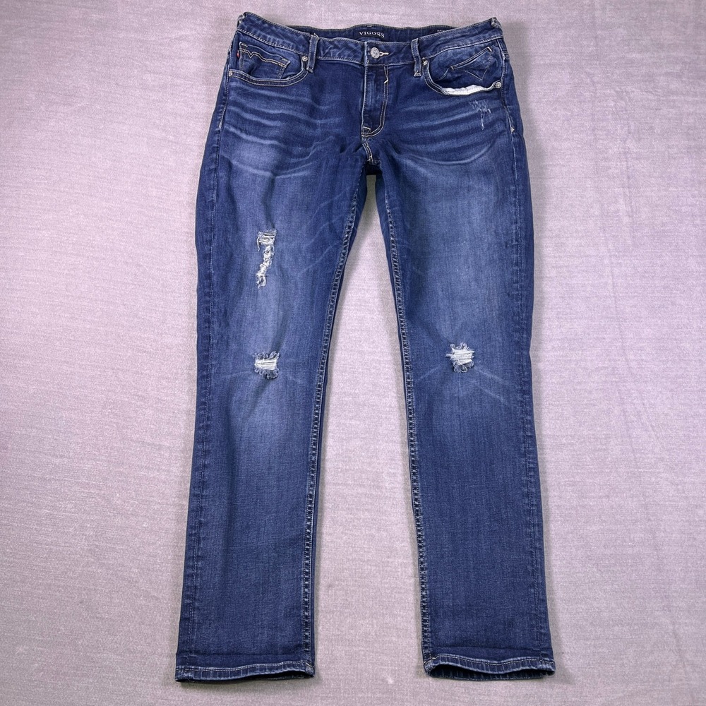 Vigoss The Thompson Tomboy Distressed Low Rise Straight Jeans Womens 31 Blue